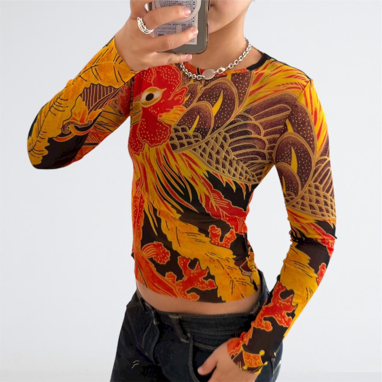 Jean Paul Gaultier 90s Rooster Print Mesh Top