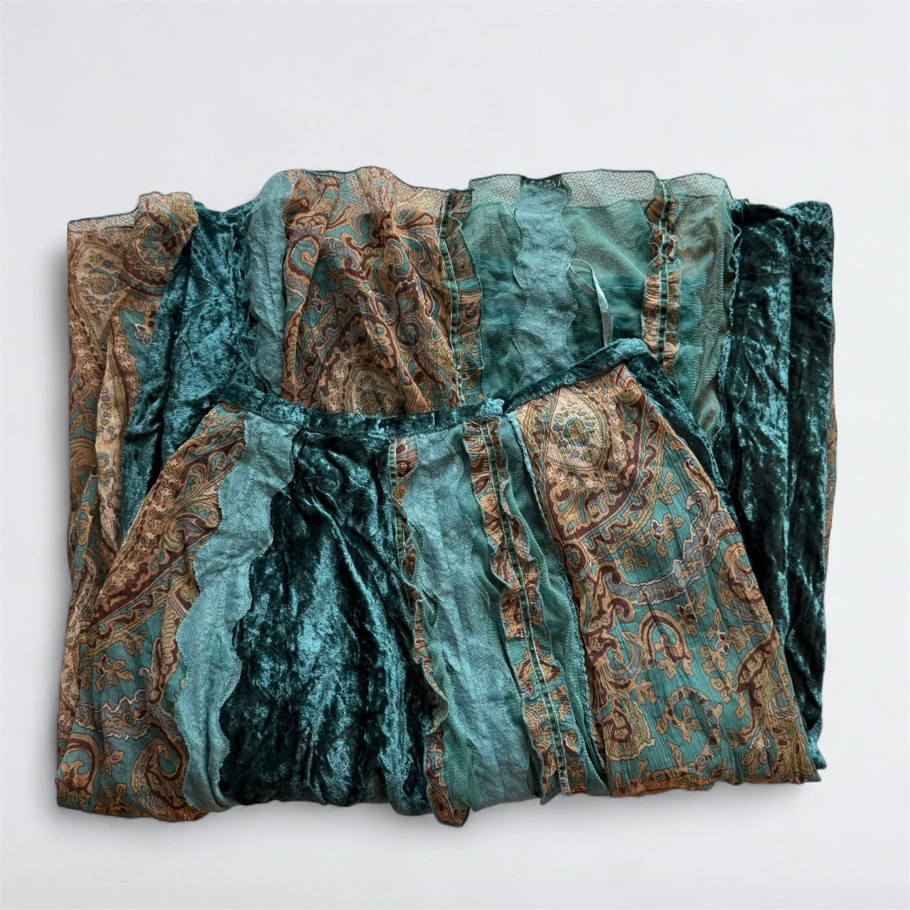 Y2K Teal Velvet & Lace Patchwork Midi Skirt