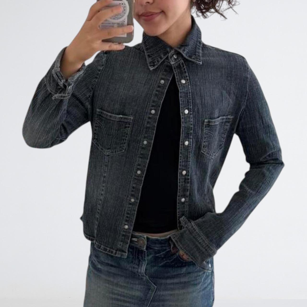Y2K Mid-Wash Denim Snap-Front Shirt