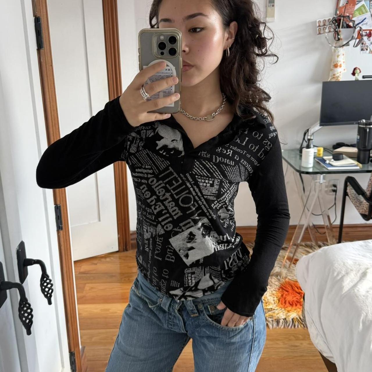 Y2K Black Newspaper Print Collared Top
