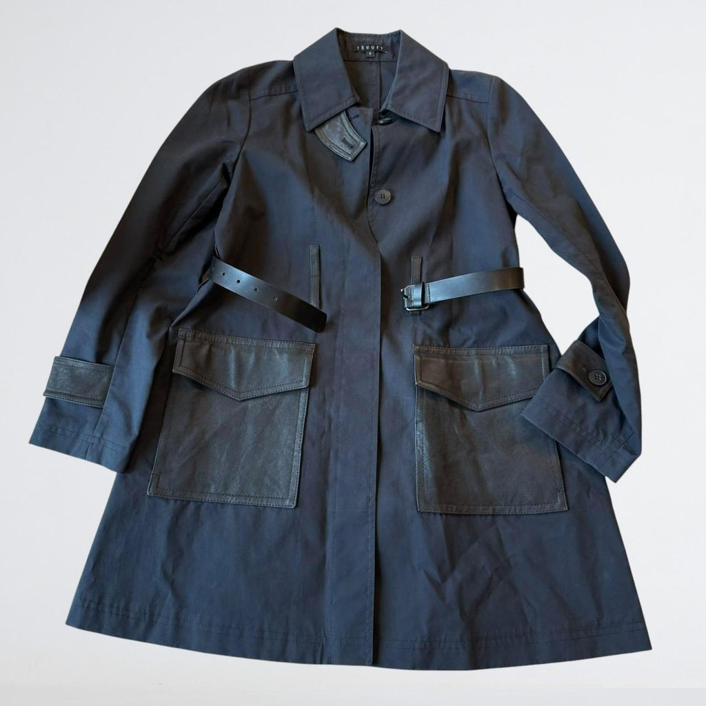 Theory Navy Leather-Trim Cotton Trench Coat
