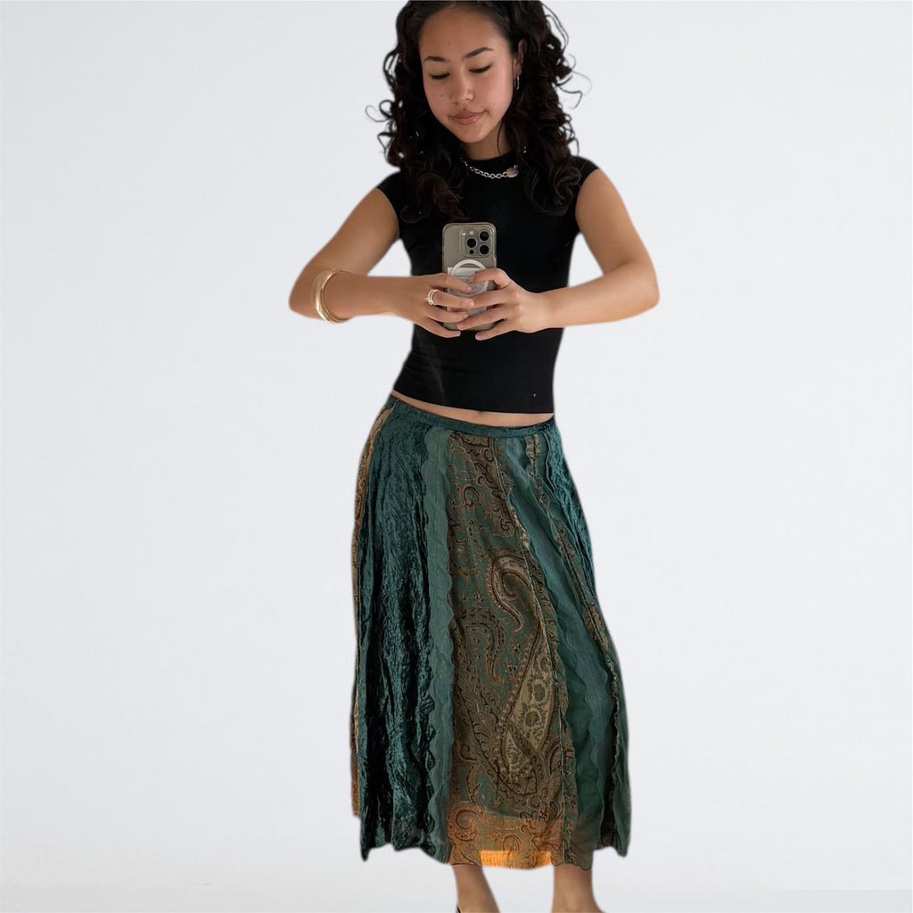 Y2K Teal Velvet & Lace Patchwork Midi Skirt