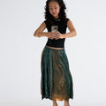 Y2K Teal Velvet & Lace Patchwork Midi Skirt