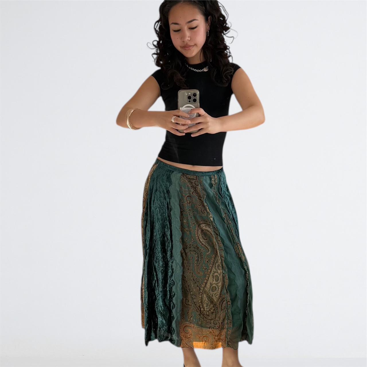 Y2K Teal Velvet & Lace Patchwork Midi Skirt