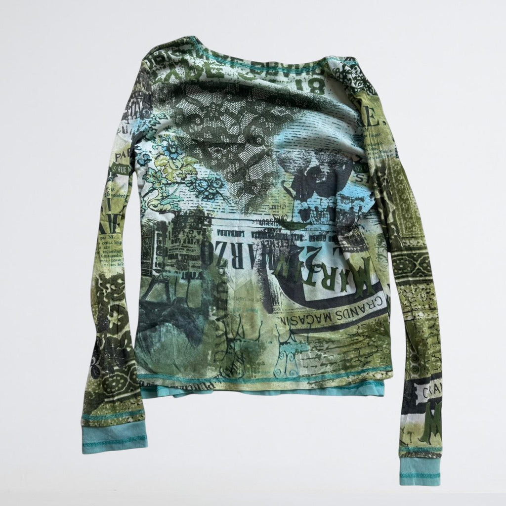 Y2K Green Mesh Newspaper Print Wrap Top