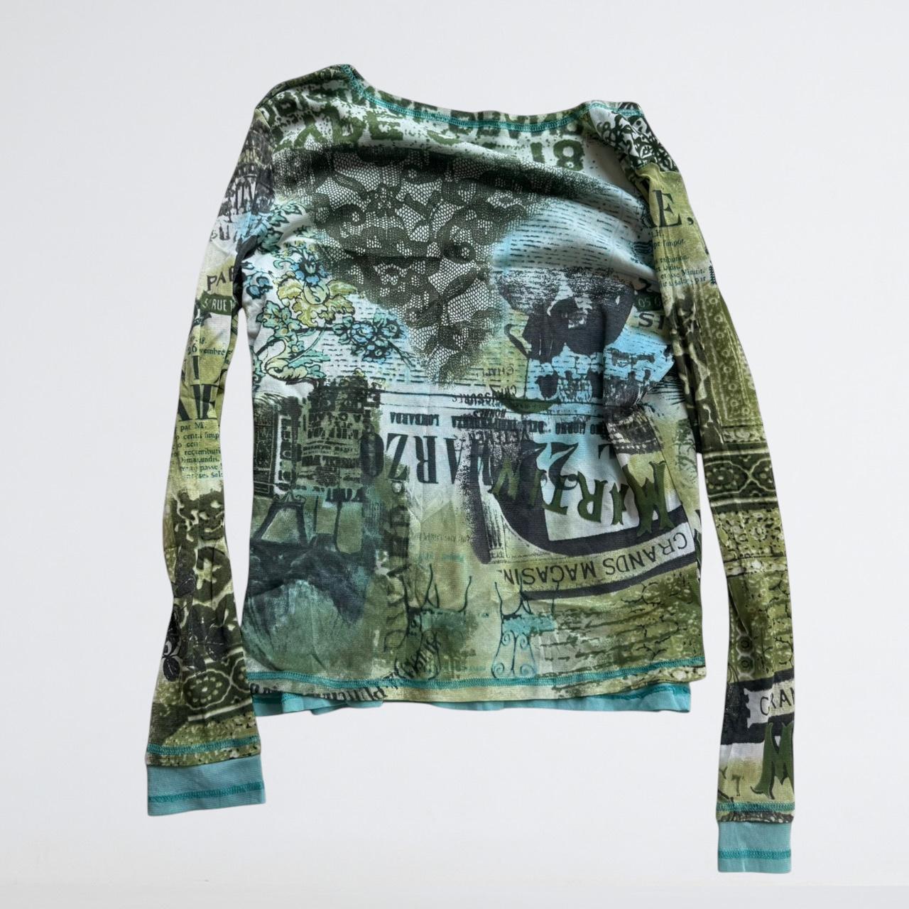 Y2K Green Mesh Newspaper Print Wrap Top
