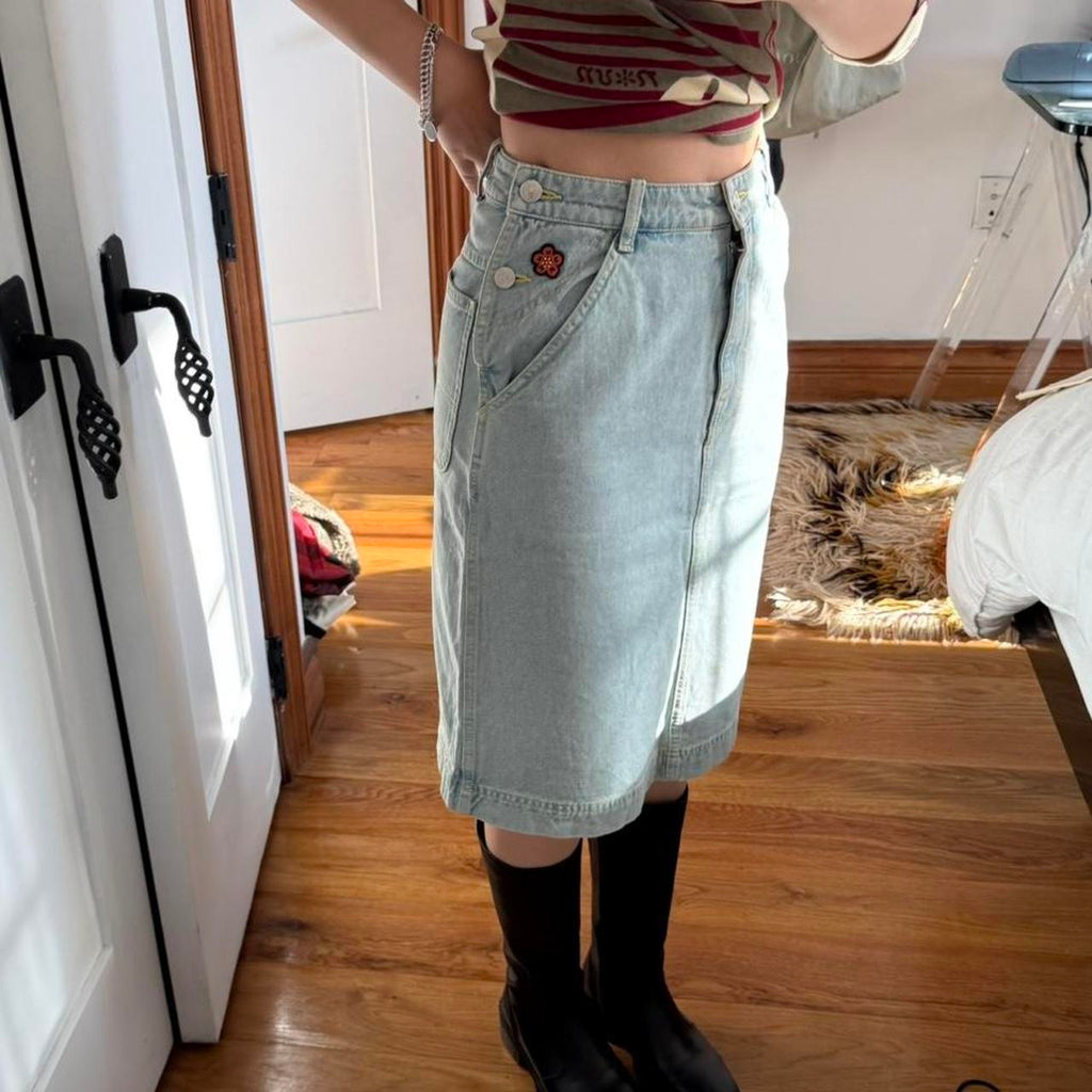 Kenzo Floral Embroidered Denim Cargo Skirt