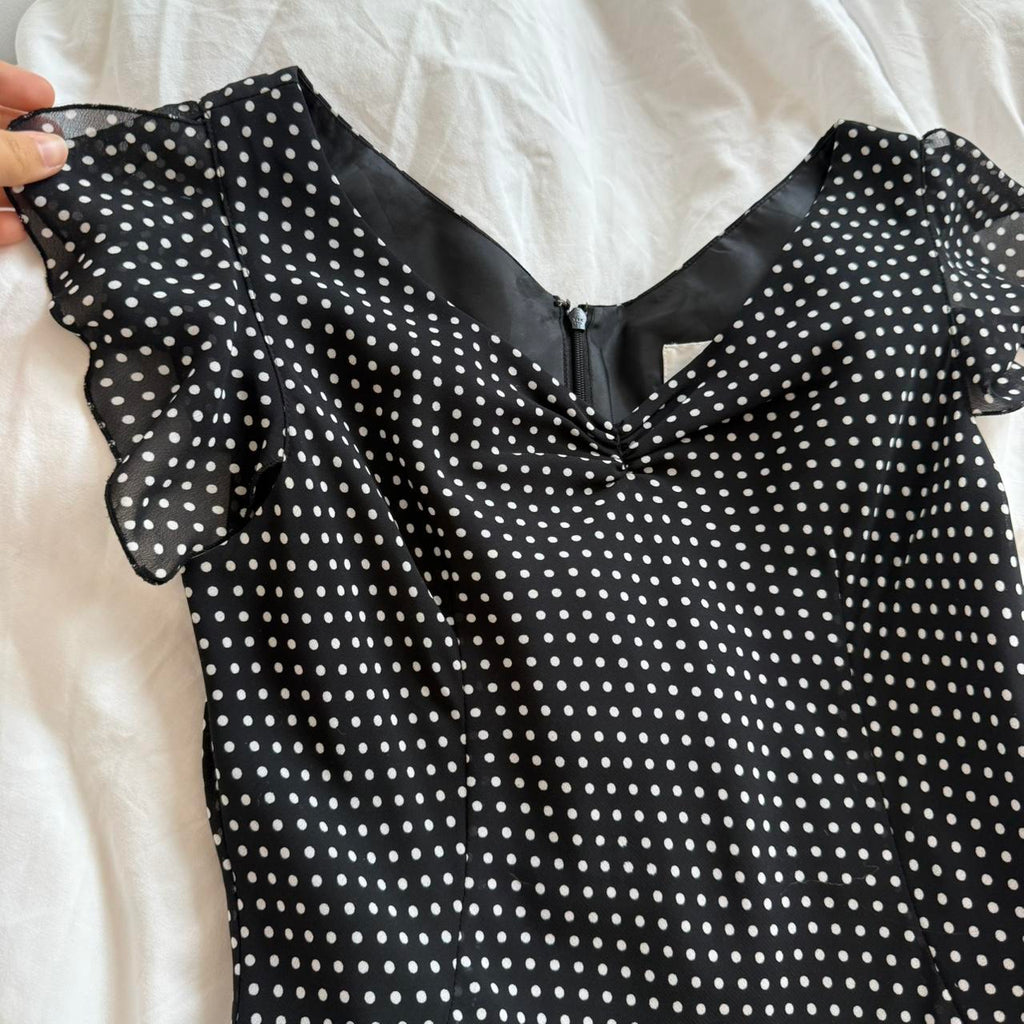 Black Polka Dot Ruched V-Neck Midi Dress