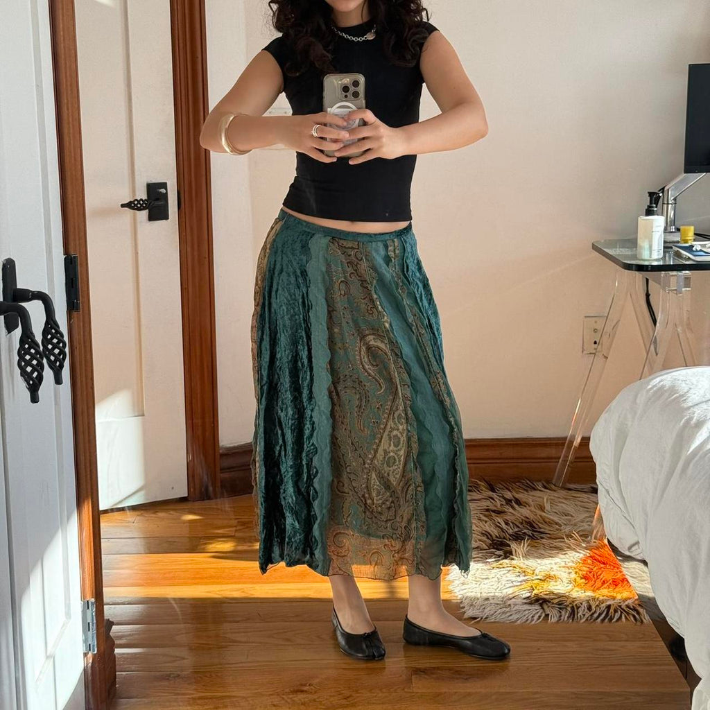 Y2K Teal Velvet & Lace Patchwork Midi Skirt