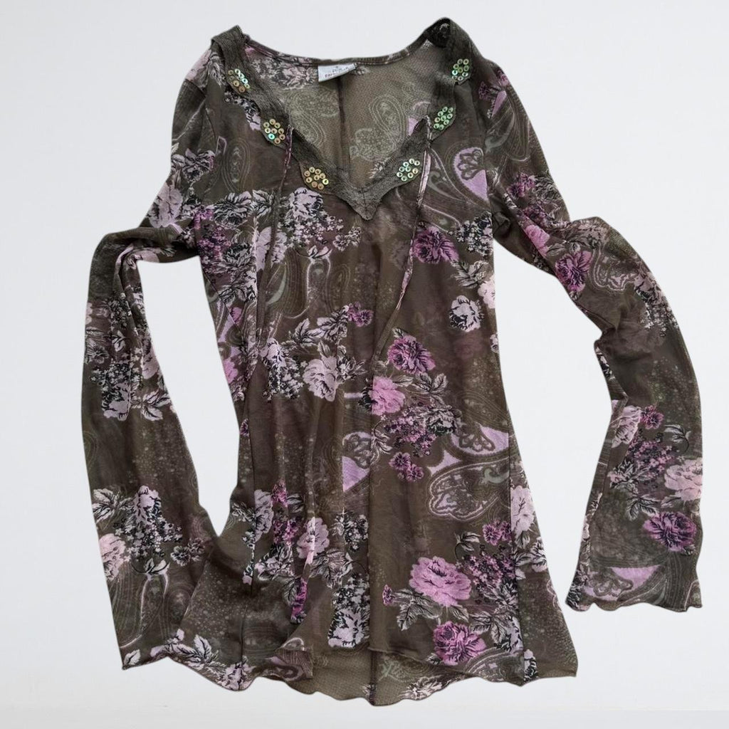 Y2K Olive Floral Mesh Sequin Long Sleeve Top