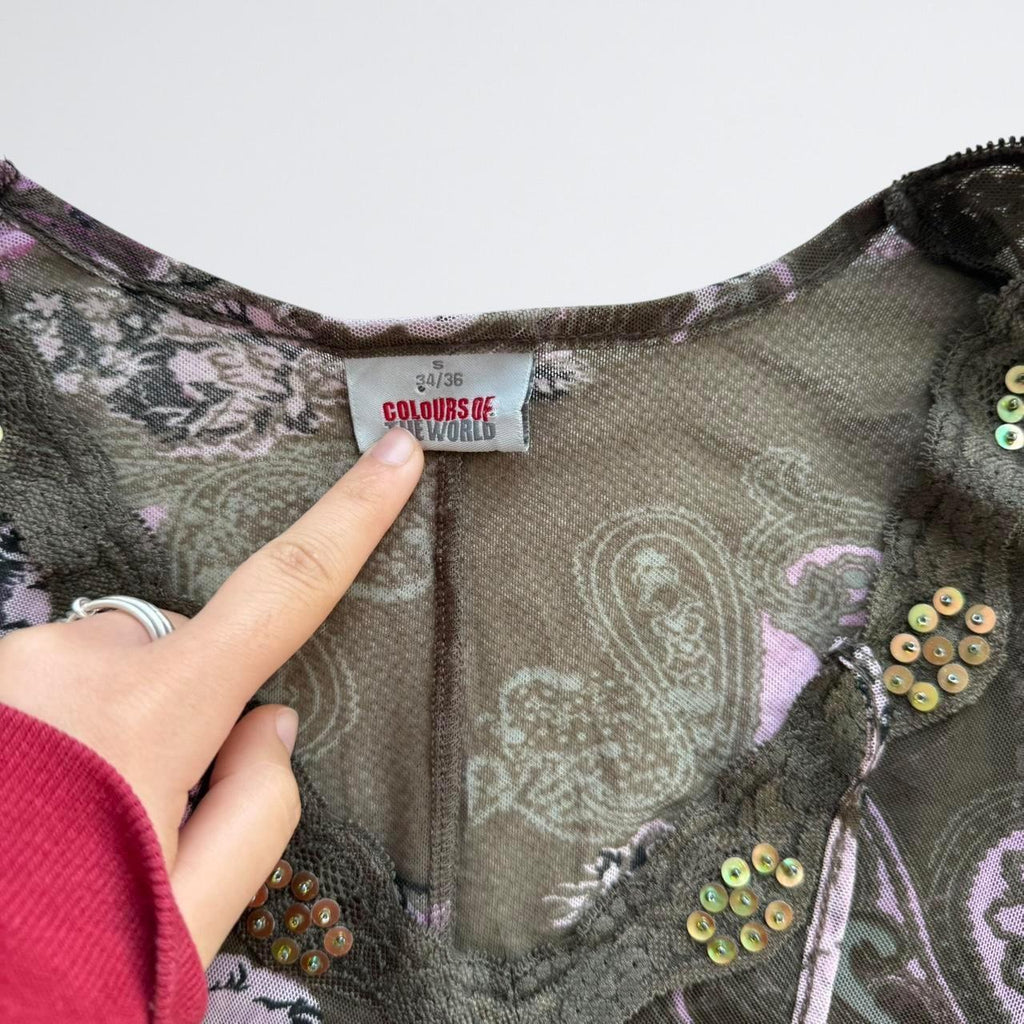 Y2K Olive Floral Mesh Sequin Long Sleeve Top