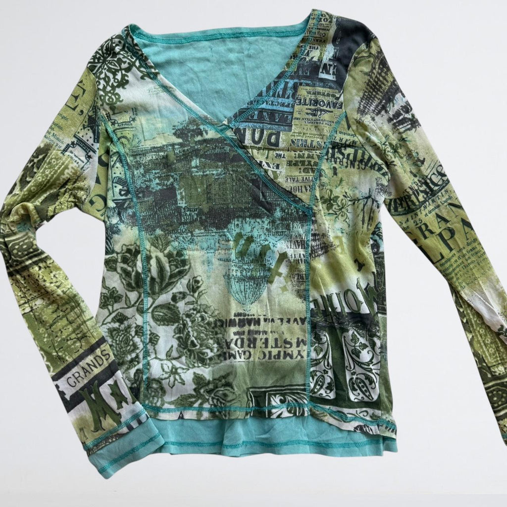 Y2K Green Mesh Newspaper Print Wrap Top