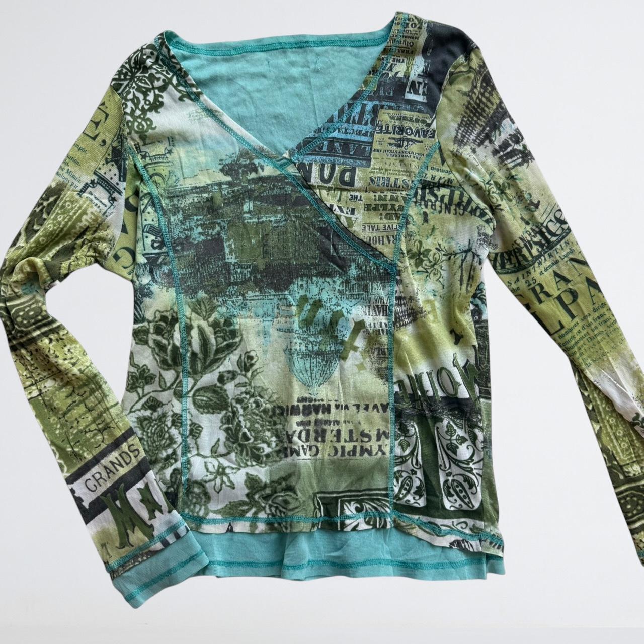 Y2K Green Mesh Newspaper Print Wrap Top