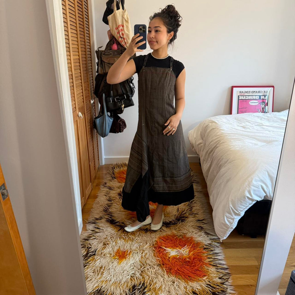 Vintage Brown Striped Apron Midi Dress