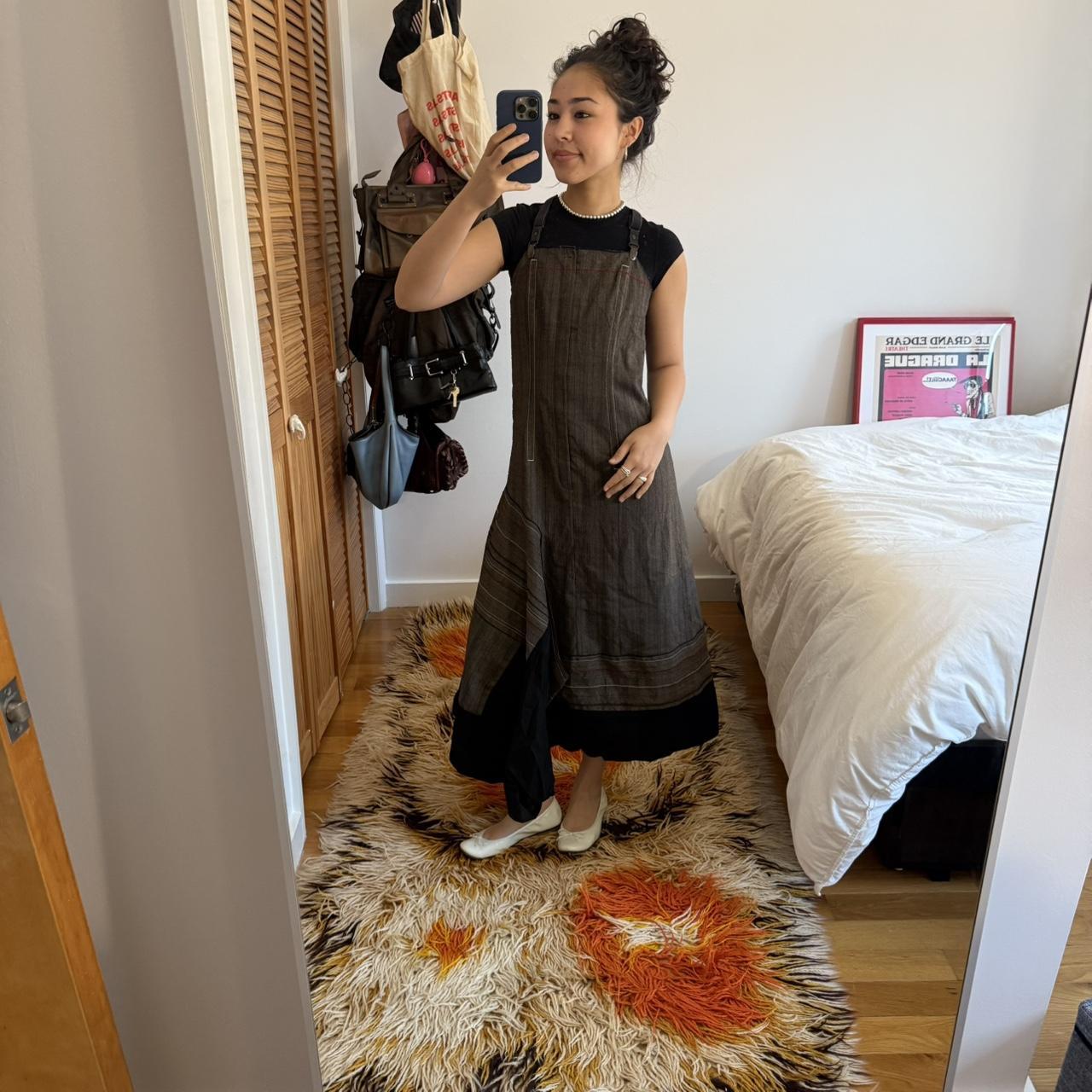 Vintage Brown Striped Apron Midi Dress