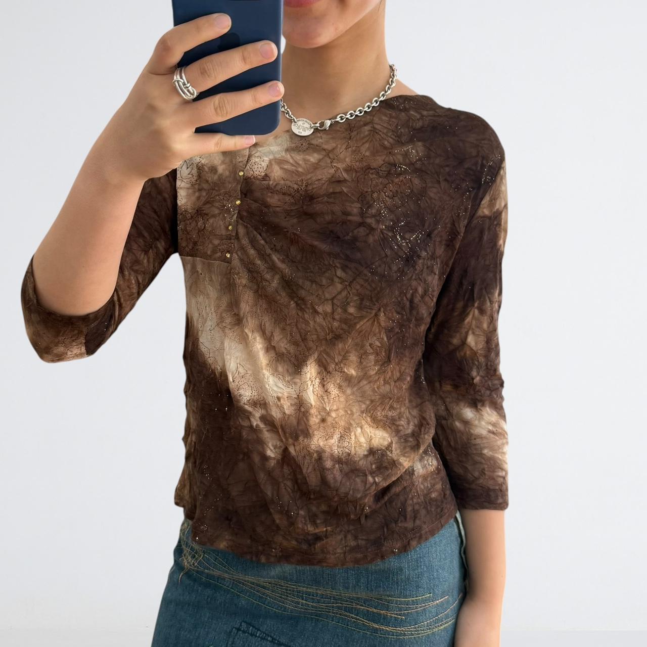 Brown Mesh Top with Gold Stud Detail