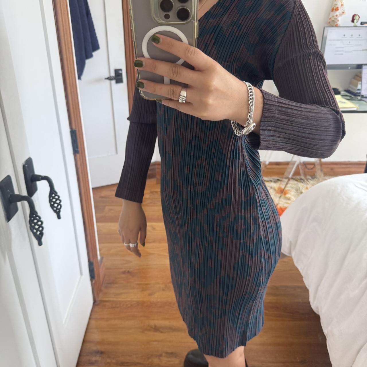 Pleats Please Issey Miyake Green & Brown Pleated Midi Dress