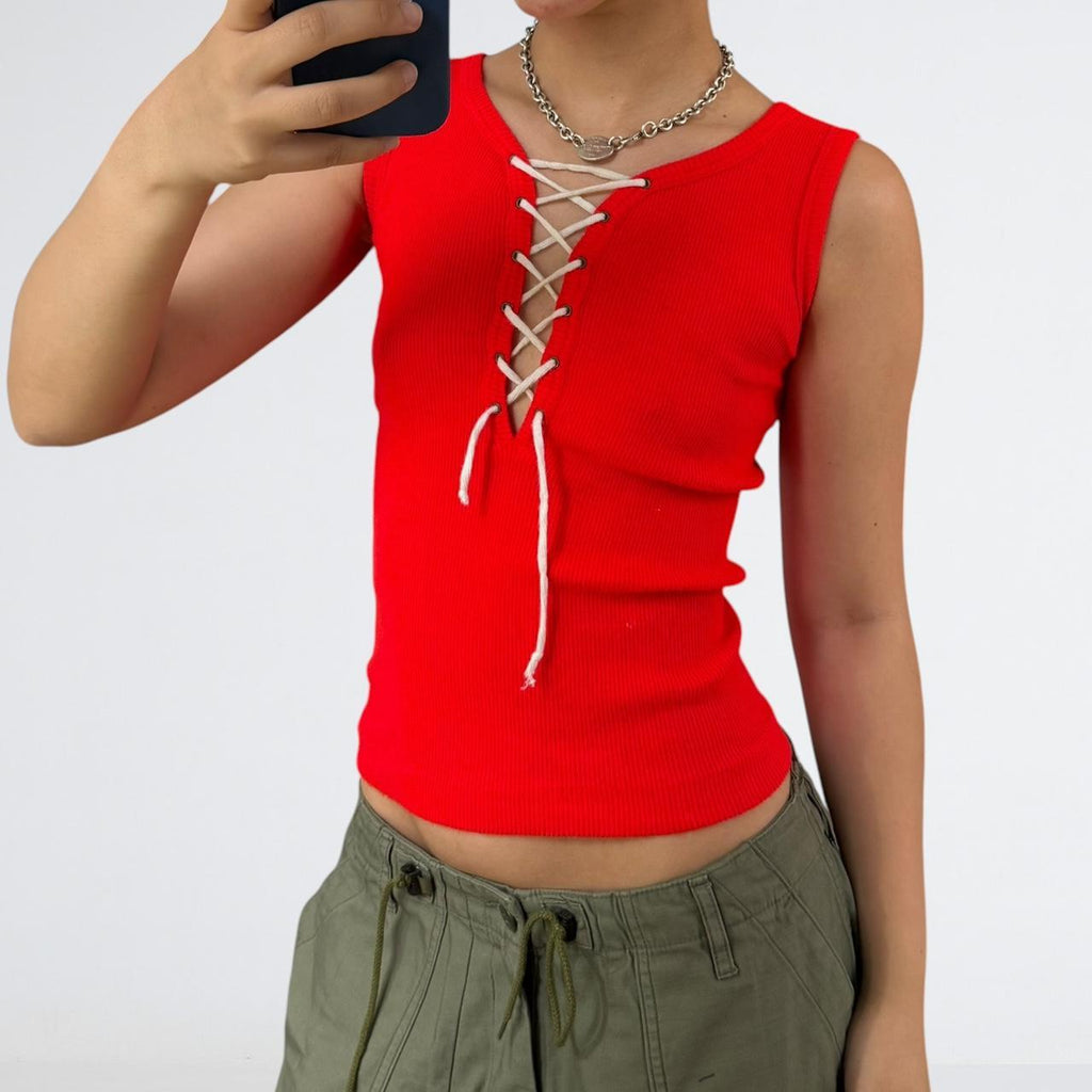 Dolan Vintage Red Ribbed Lace-Up Tank