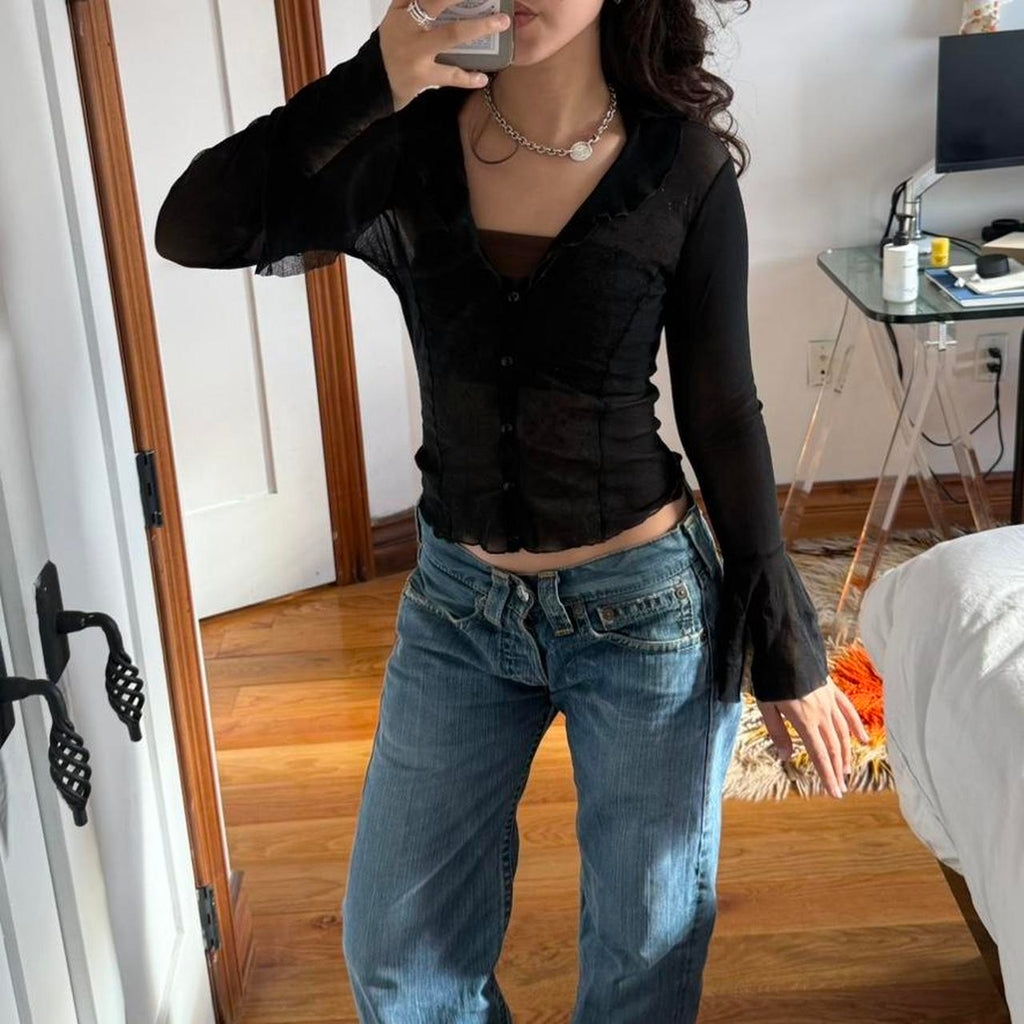 Black Sheer Mesh Ruffle Cuff Top