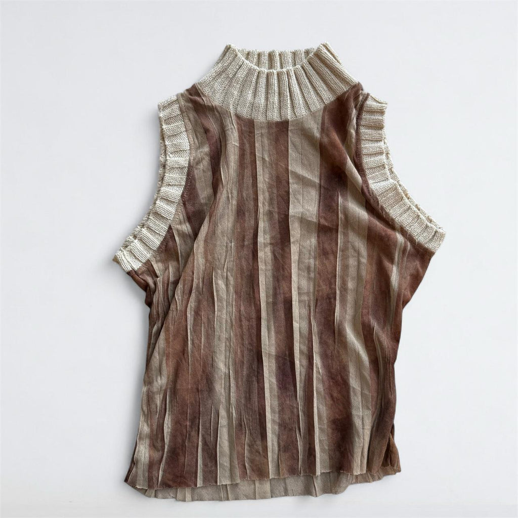 Brown Striped Sleeveless Mock Neck Top