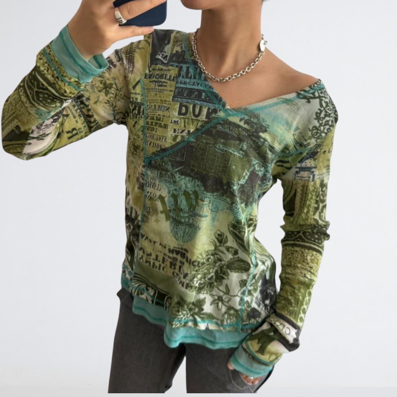 Y2K Green Mesh Newspaper Print Wrap Top