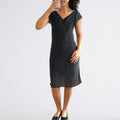 Black Polka Dot Ruched V-Neck Midi Dress