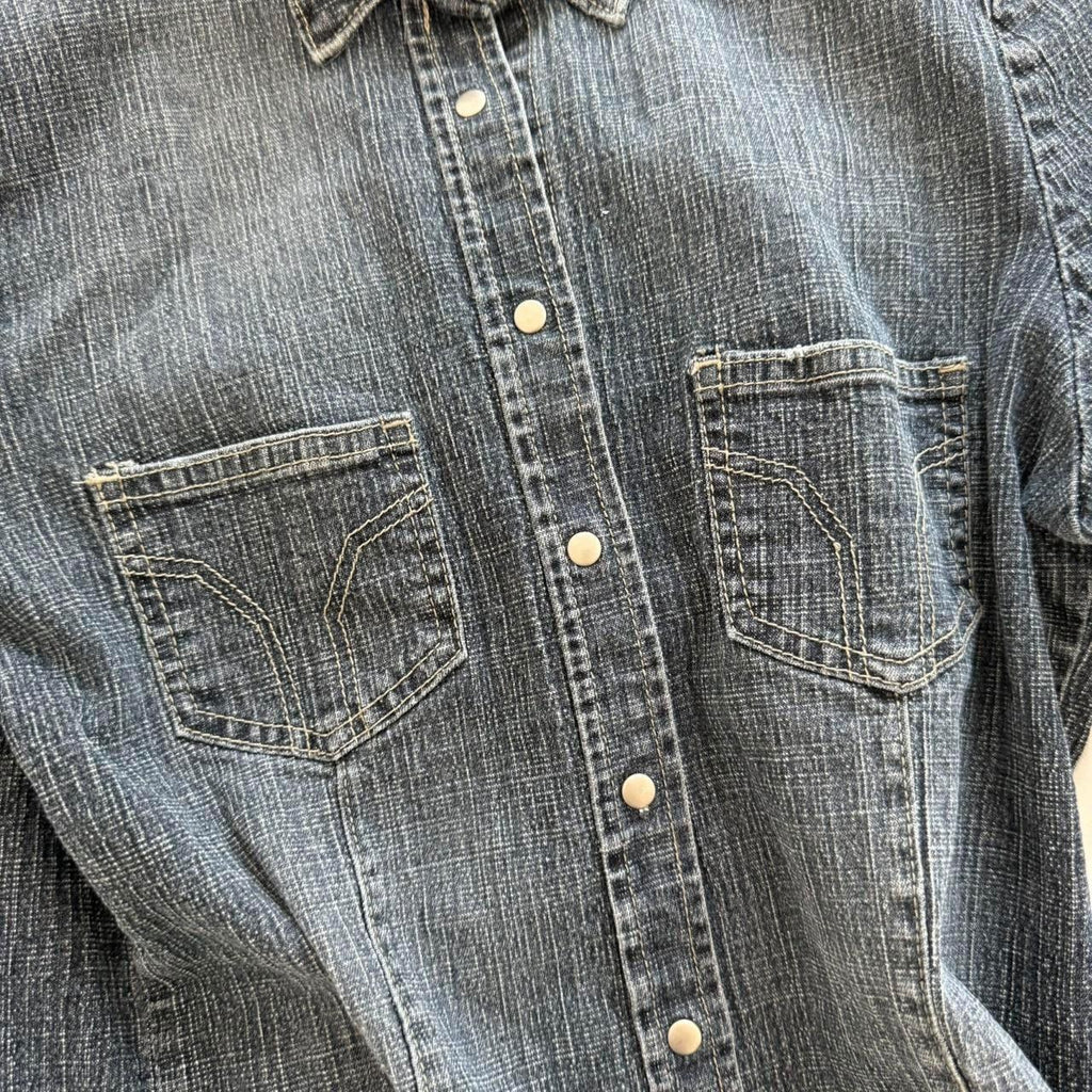 Y2K Mid-Wash Denim Snap-Front Shirt