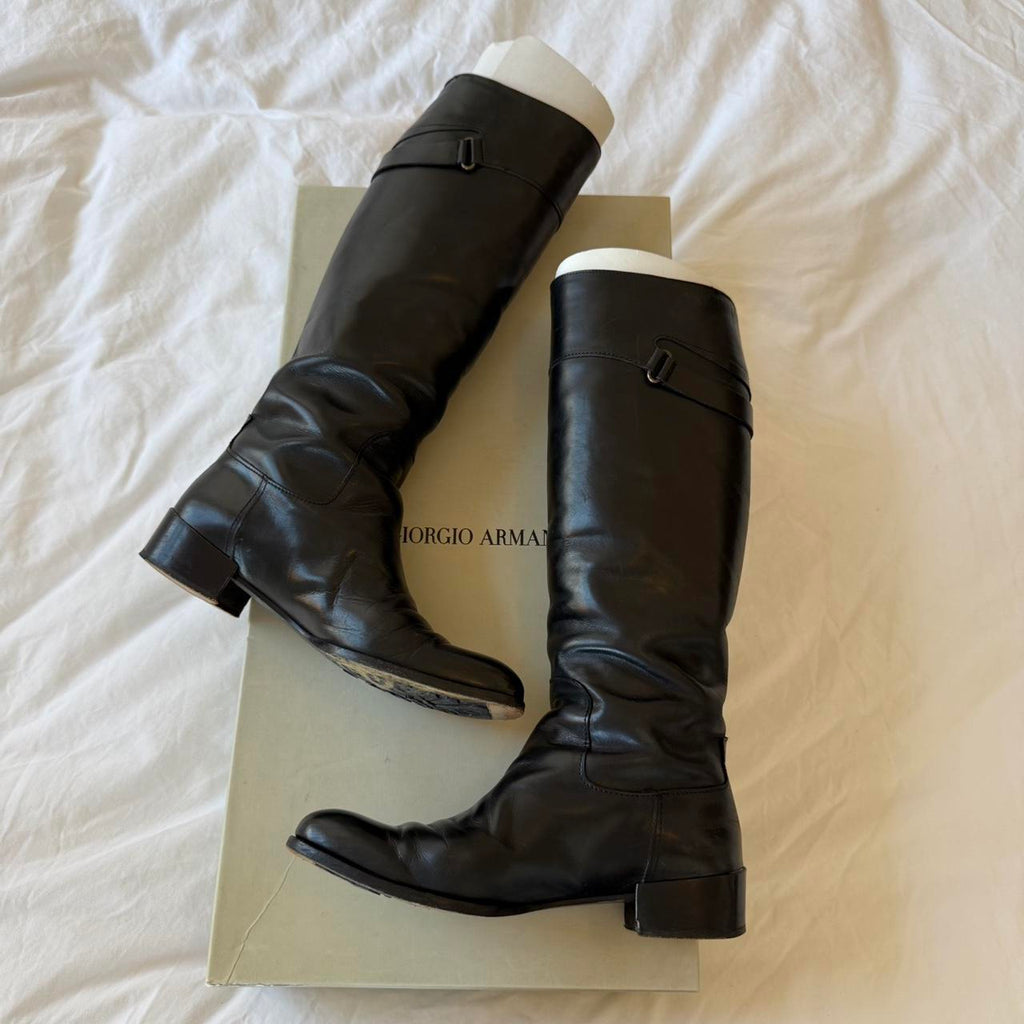Giorgio Armani Black Leather Knee-High Riding Boots