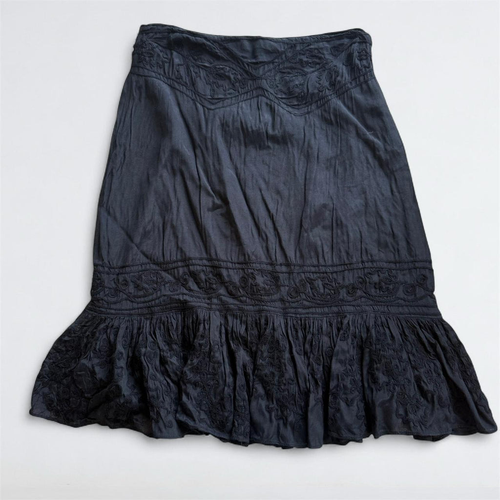 Y2K Black Embroidered Ruffle Midi Skirt
