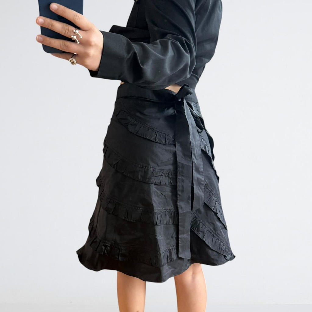 Blumarine Black Silk Ruffle Bow Skirt
