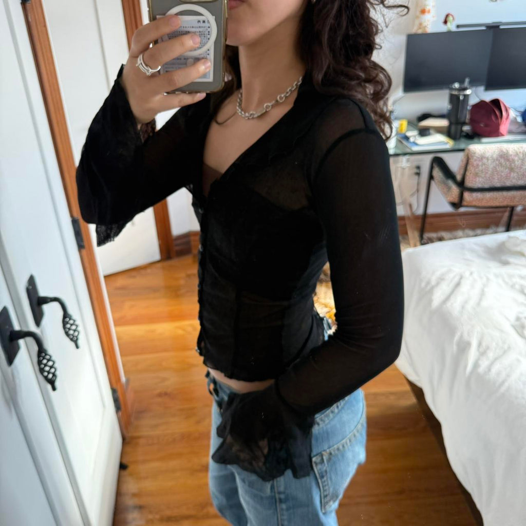 Black Sheer Mesh Ruffle Cuff Top