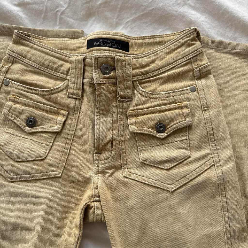 Tan Low-Rise Flare Jeans
