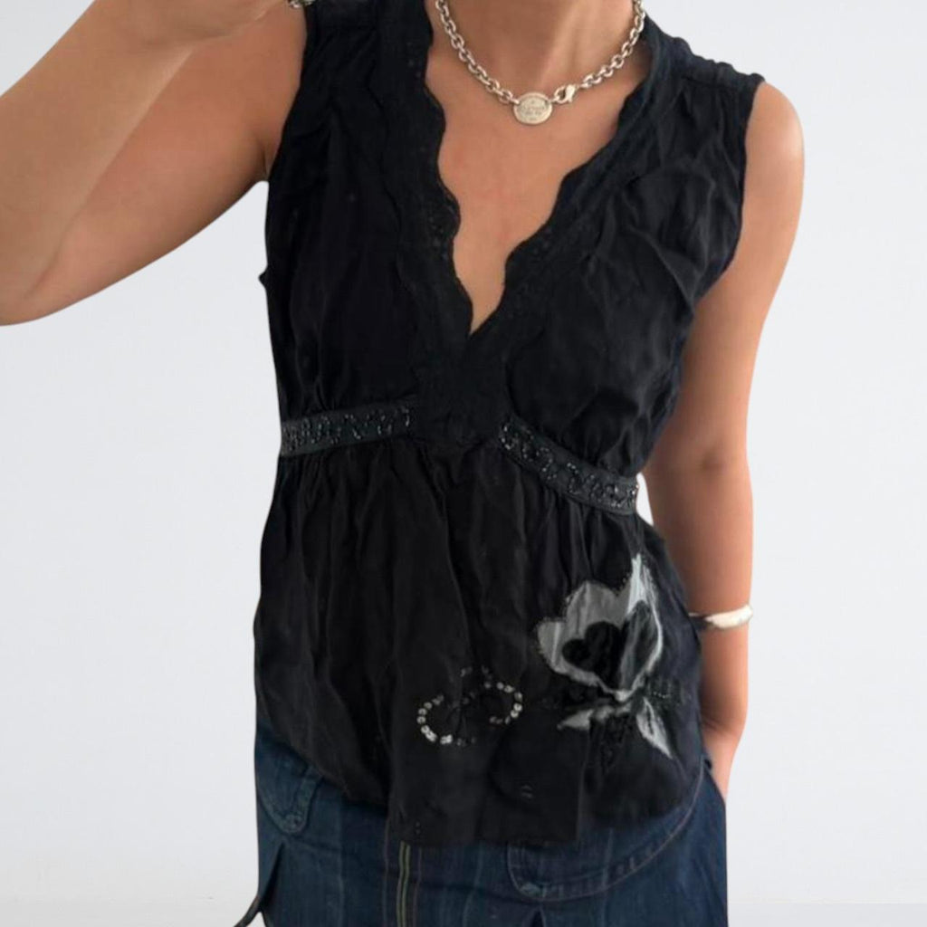 Black Floral Appliqué Beaded Cami Top