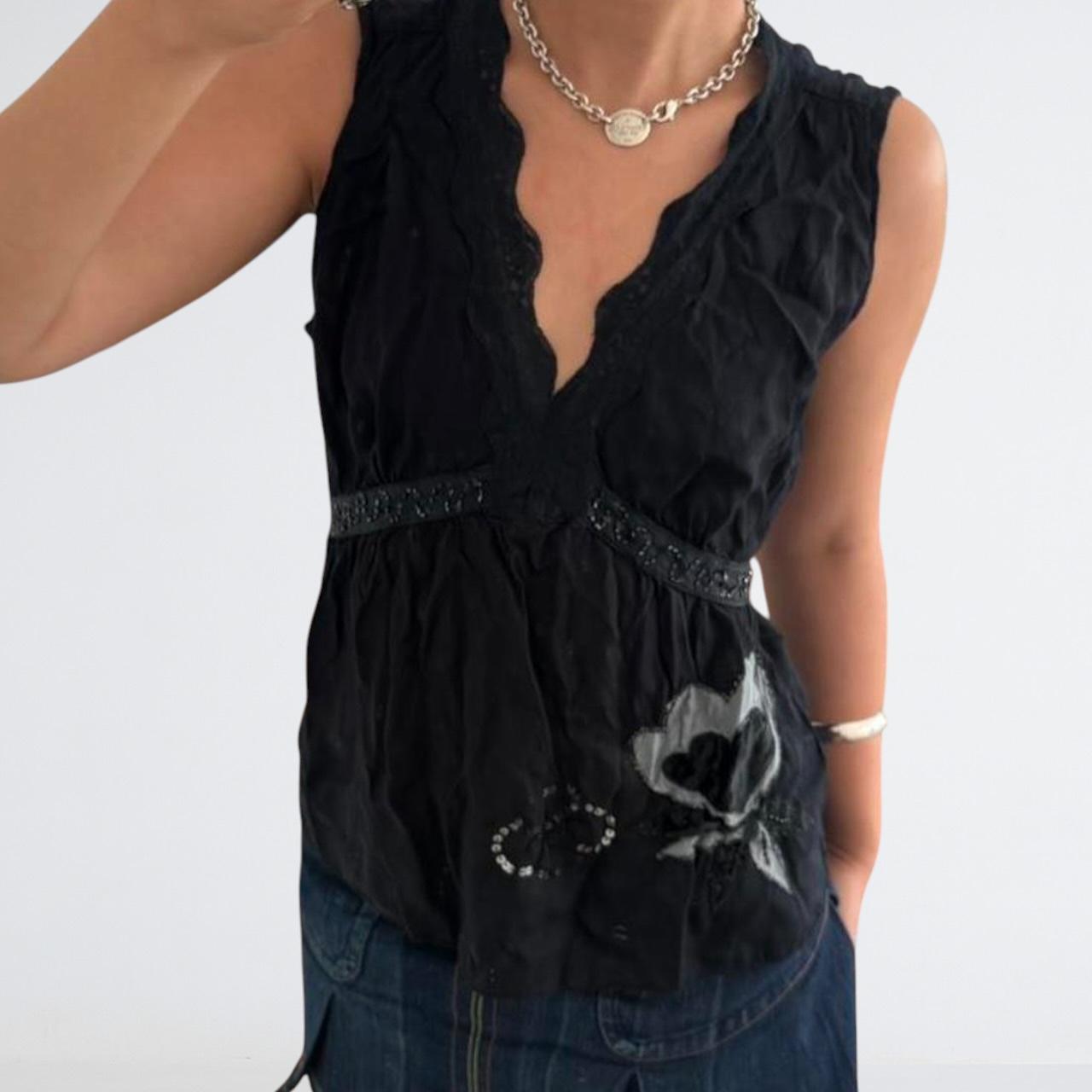 Black Floral Appliqué Beaded Cami Top