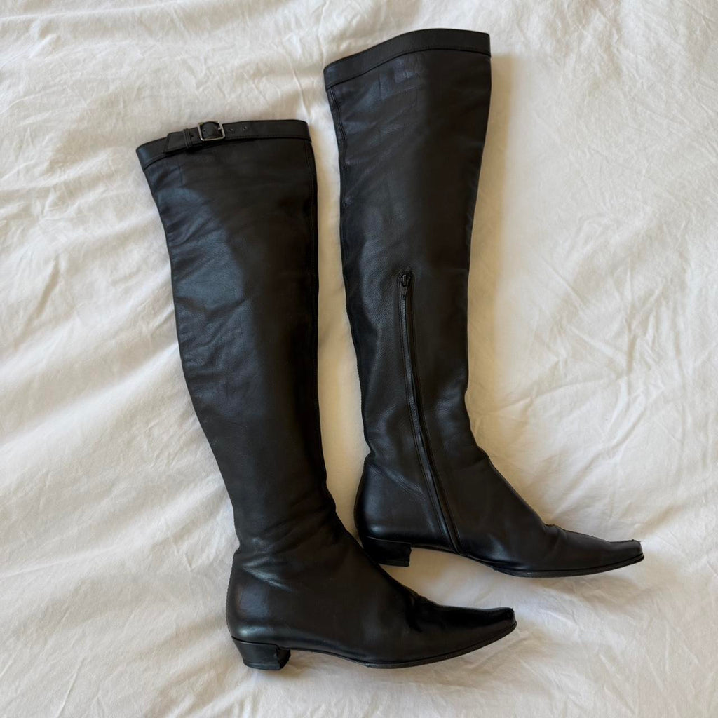 Gucci Vintage Black Leather Over-the-Knee Buckle Boots