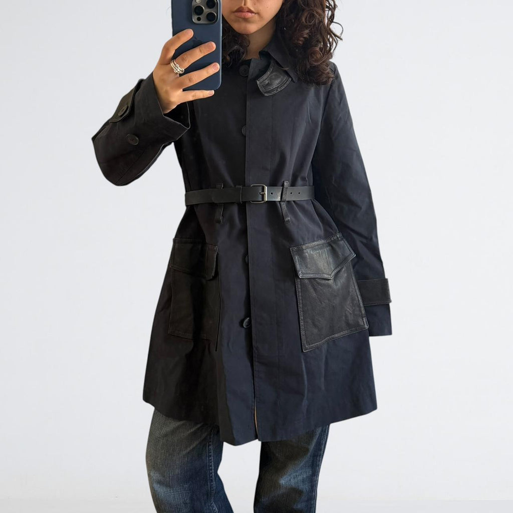 Theory Navy Leather-Trim Cotton Trench Coat