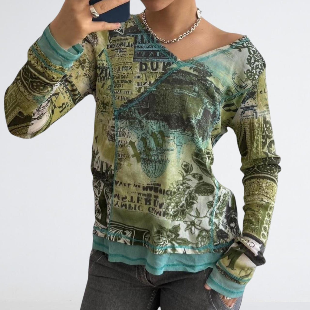 Y2K Green Mesh Newspaper Print Wrap Top