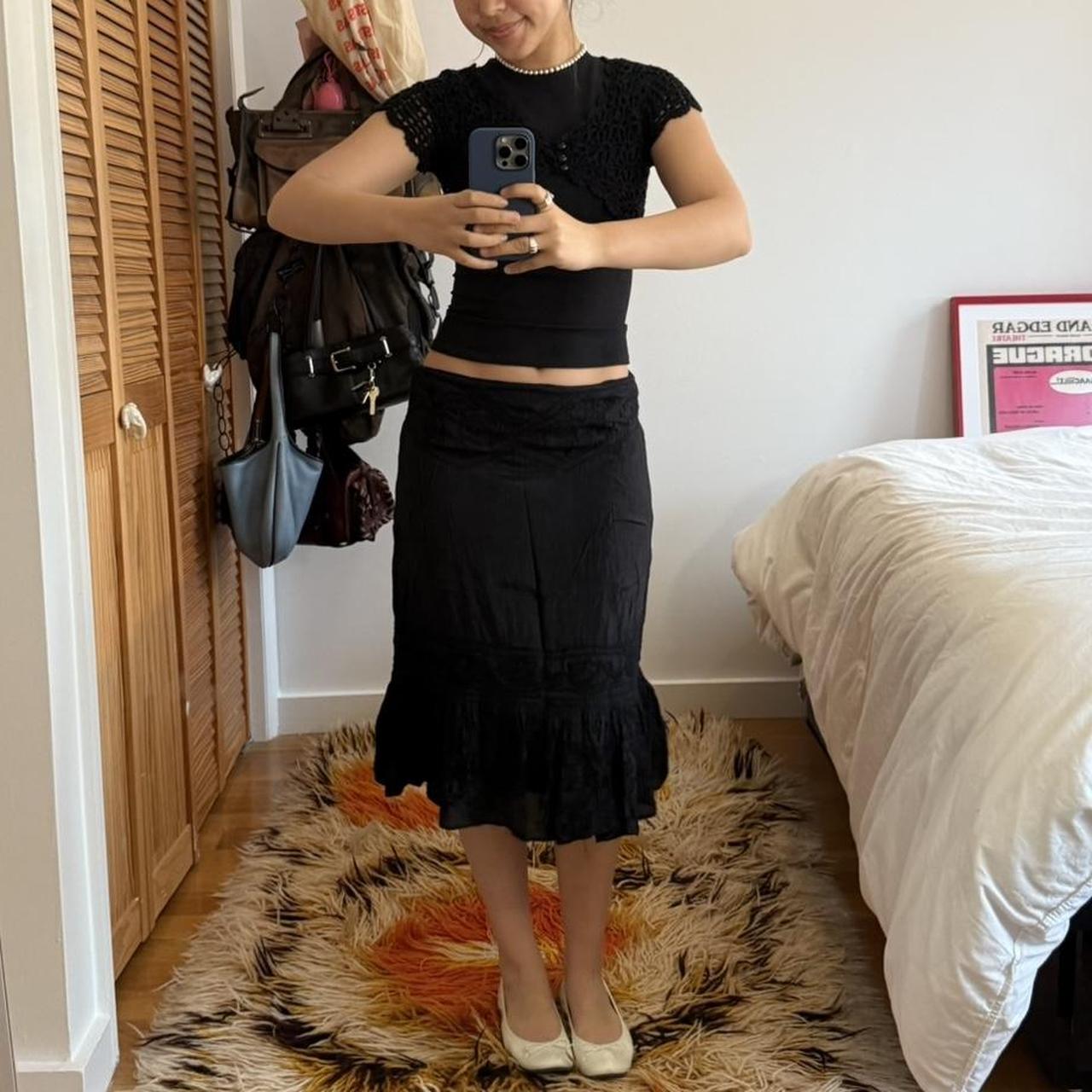 Y2K Black Embroidered Ruffle Midi Skirt