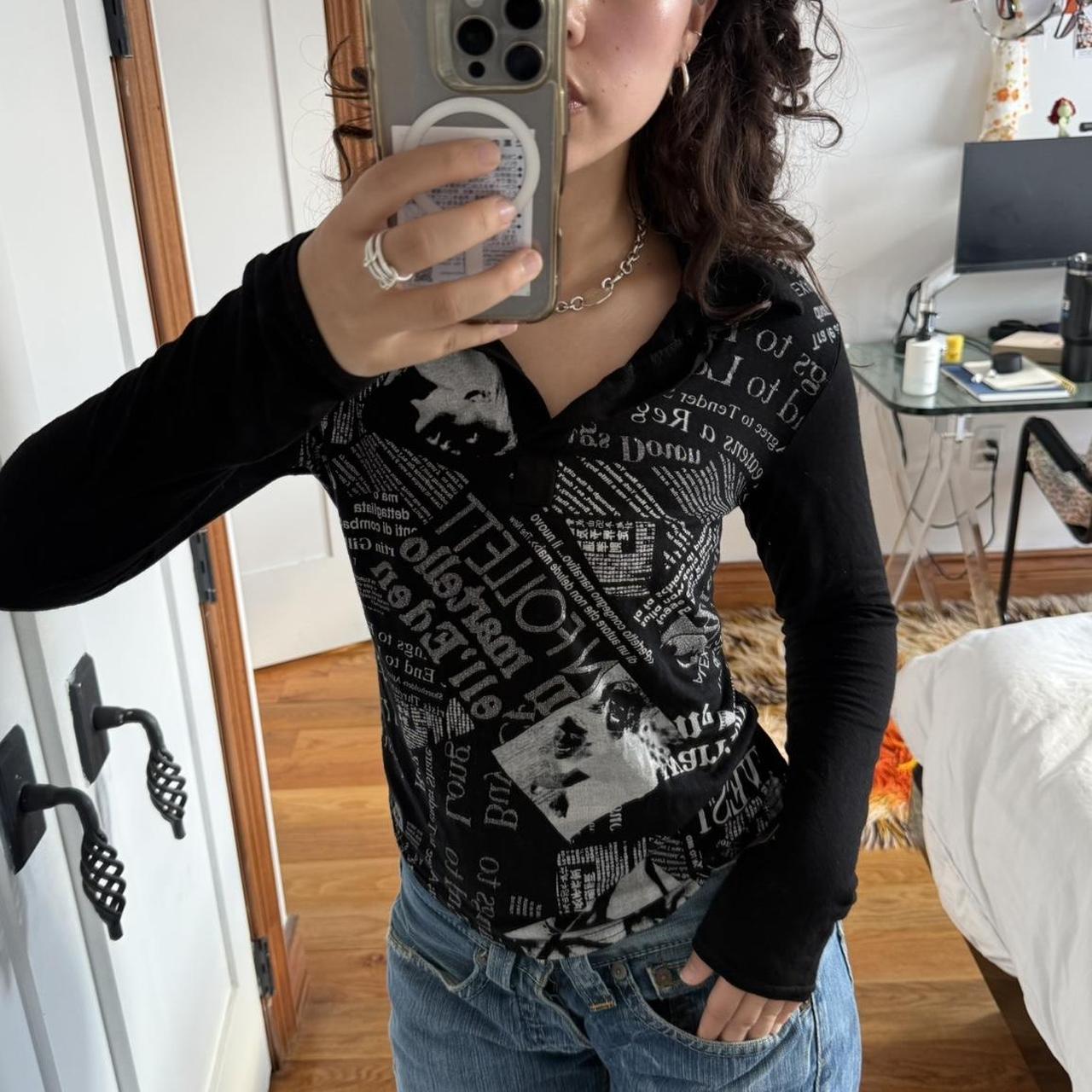 Y2K Black Newspaper Print Collared Top