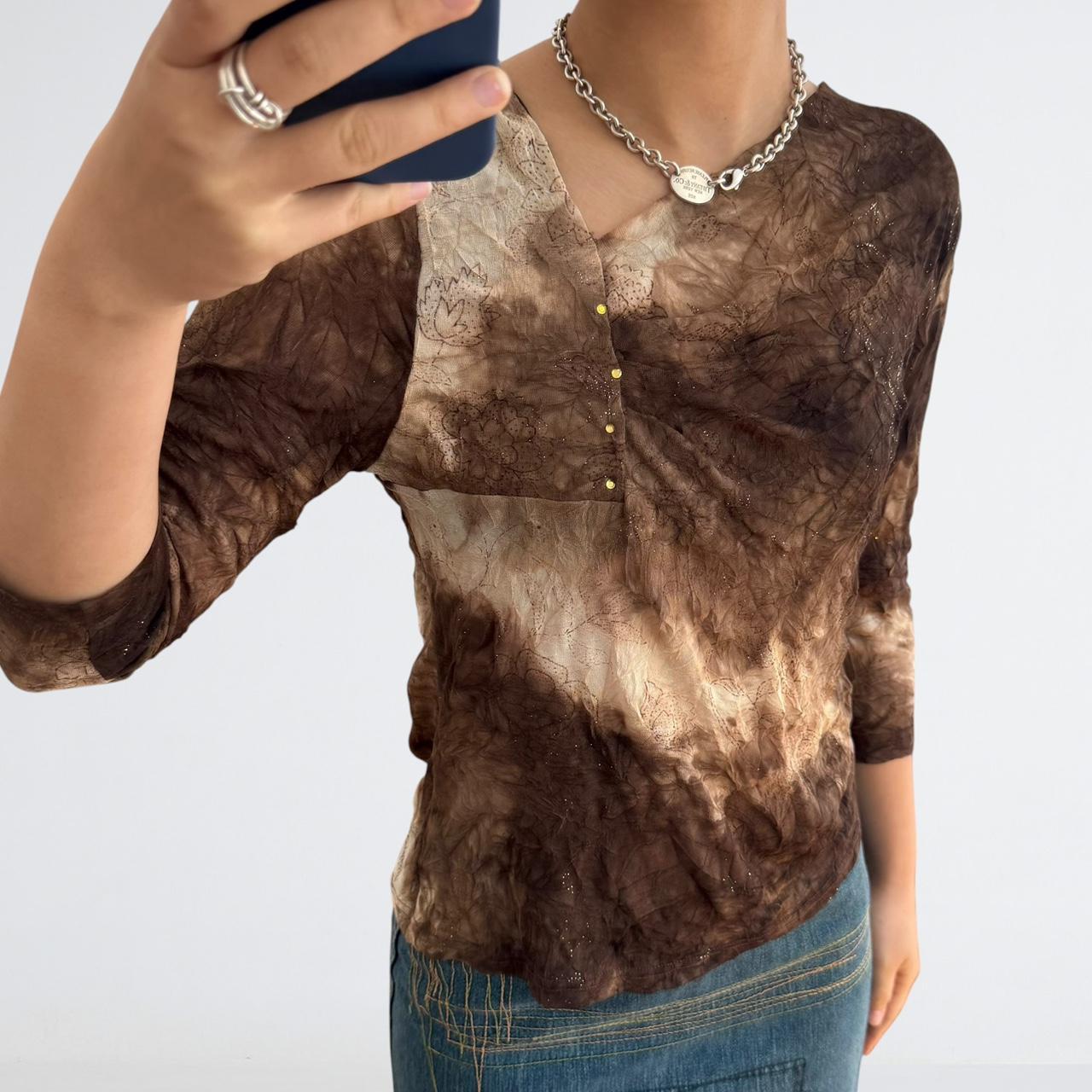 Brown Mesh Top with Gold Stud Detail