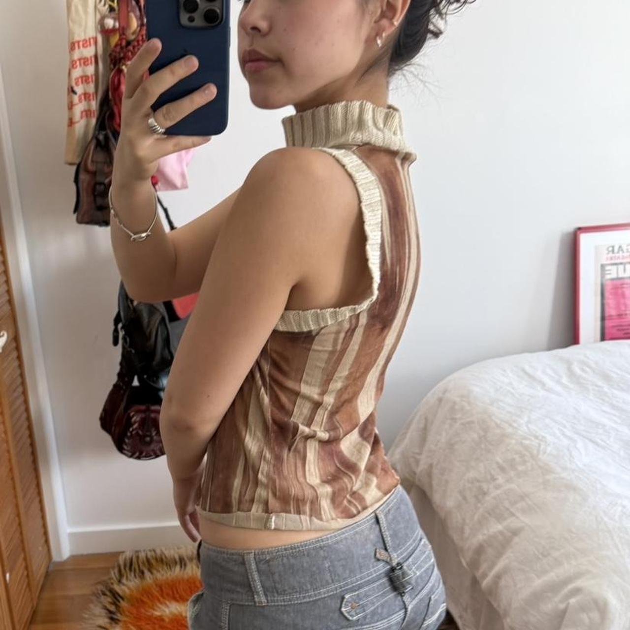 Brown Striped Sleeveless Mock Neck Top
