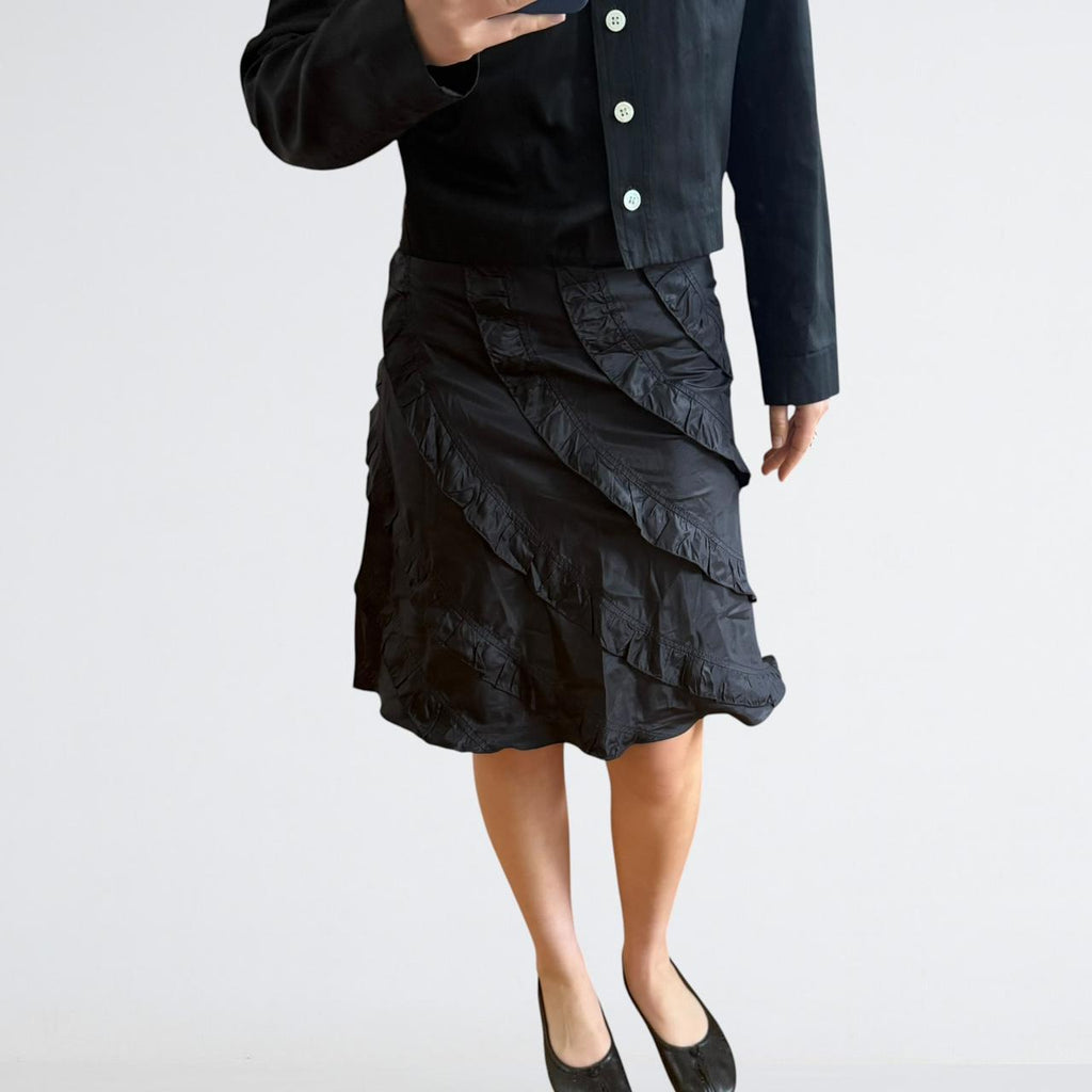 Blumarine Black Silk Ruffle Bow Skirt