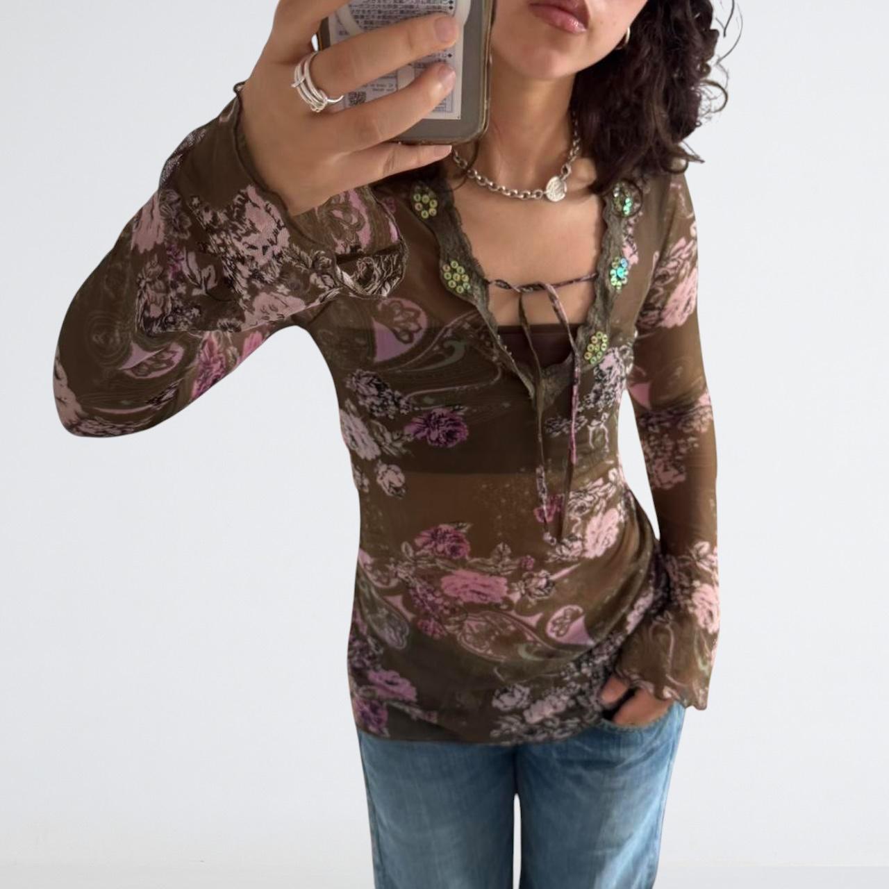 Y2K Olive Floral Mesh Sequin Long Sleeve Top