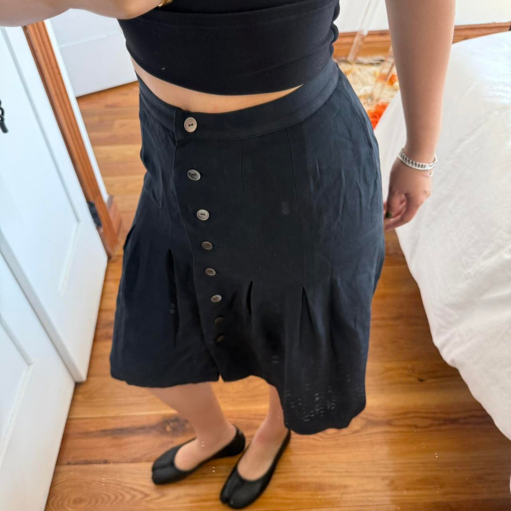 yoshie inaba Black Silk Pleated Button-Up Midi Skirt