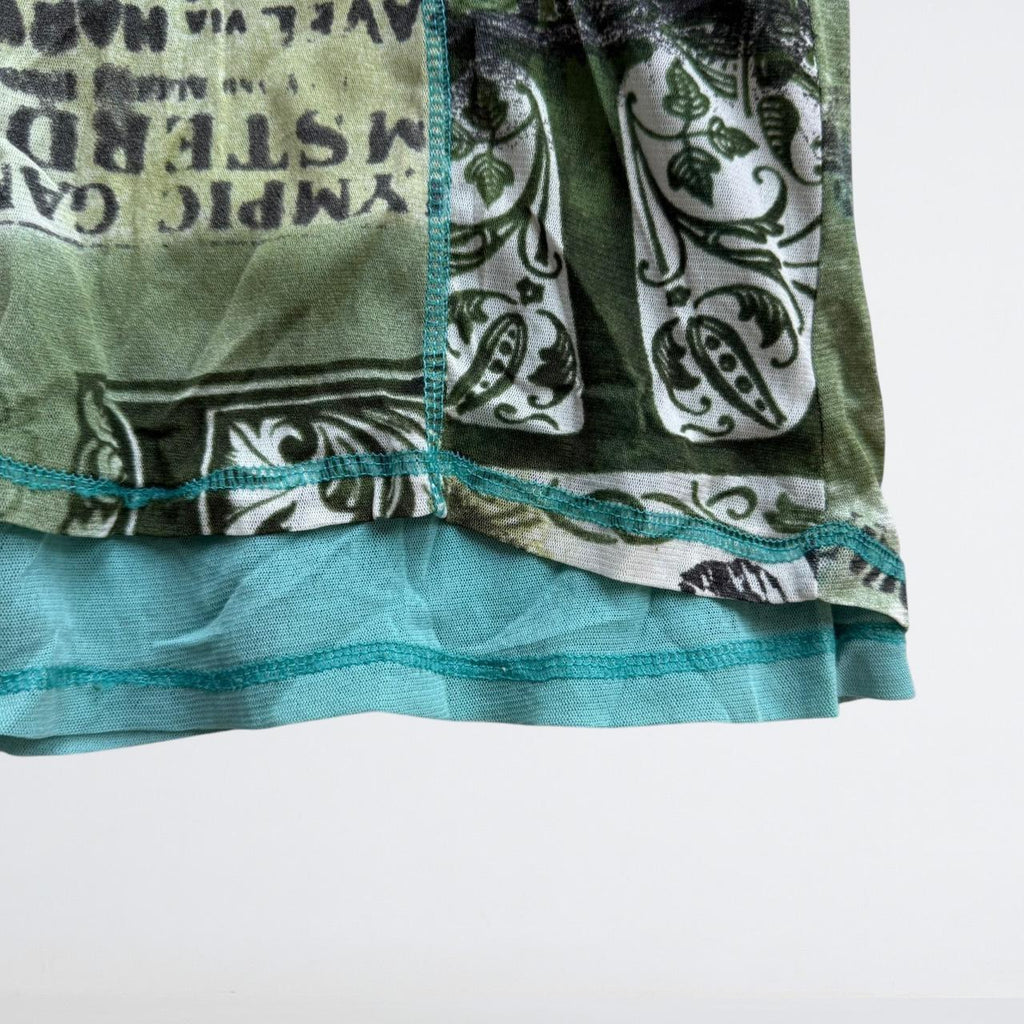 Y2K Green Mesh Newspaper Print Wrap Top