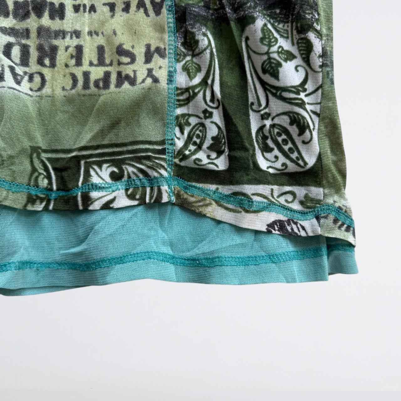 Y2K Green Mesh Newspaper Print Wrap Top
