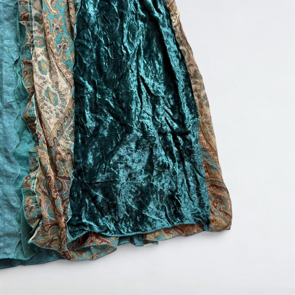 Y2K Teal Velvet & Lace Patchwork Midi Skirt