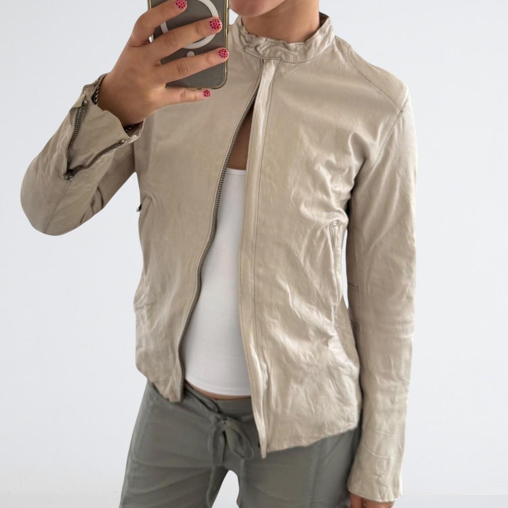Cream Genuine Leather Motorcycle Jacket