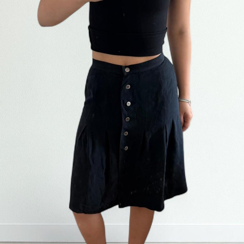 yoshie inaba Black Silk Pleated Button-Up Midi Skirt