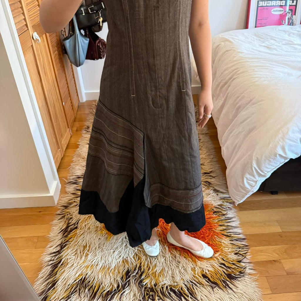 Vintage Brown Striped Apron Midi Dress